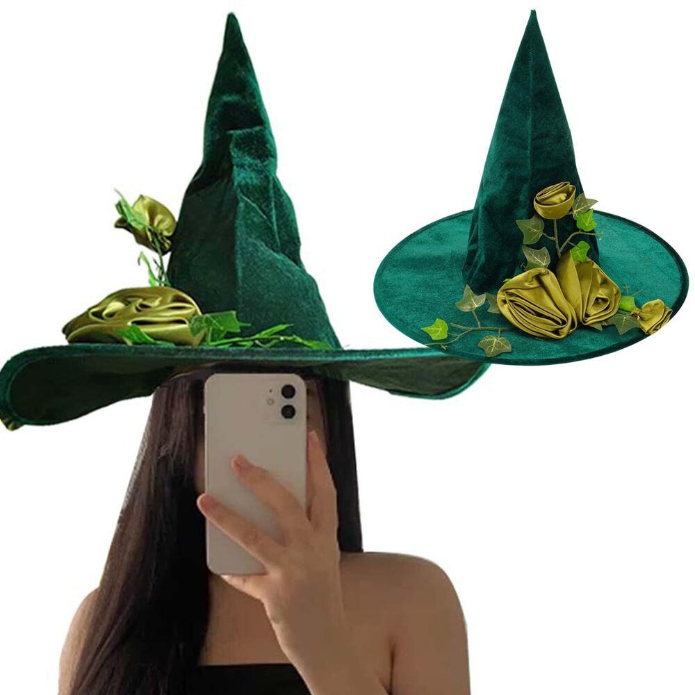 6061 Green Witch Hat, Rose Floral Vine Decorations Wizard Hat Halloween